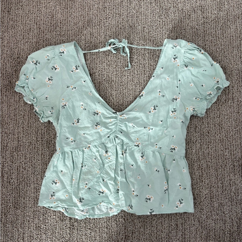 Hollister Mint Floral Puff Sleeve Blouse